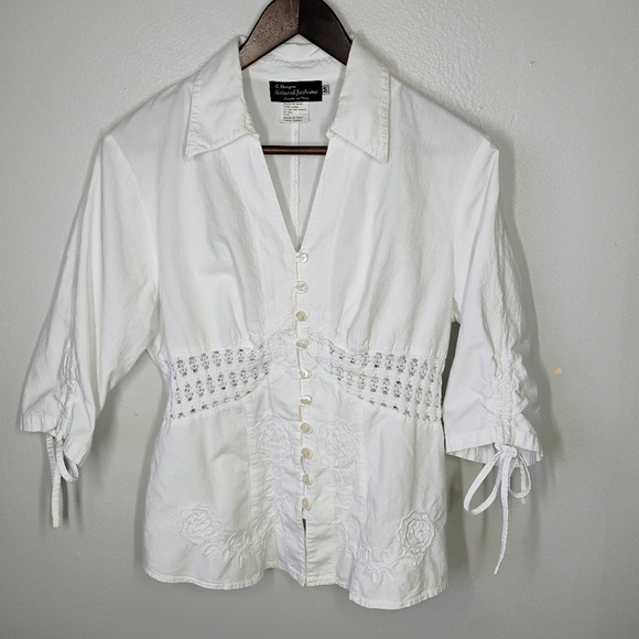 G Designs Y2K White Top Womens Medium Collar Knit Floral Cottagecore Boho Chic - Picture 12 of 12